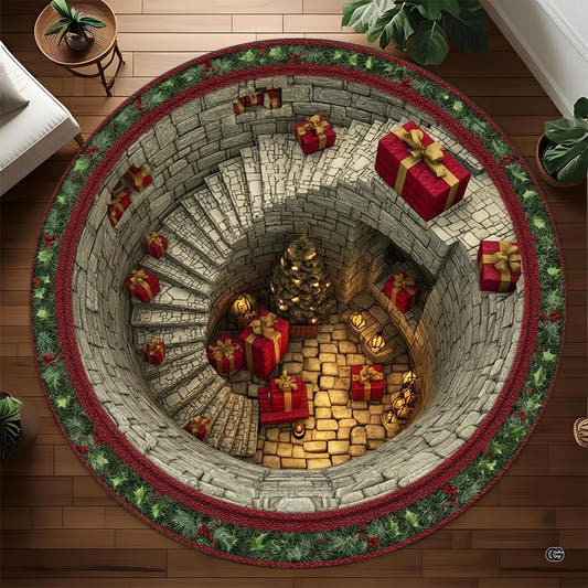 Holiday spiral cellar illusion round area rug showing stone steps and festive presents with pine wreath border