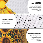 Infographic showing the non-skid dot backing and edge stitching of the sunflower rug - thumbnail image 4 of 8