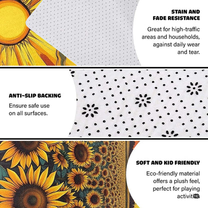Infographic showing the non-skid dot backing and edge stitching of the sunflower rug - thumbnail image 4 of 8