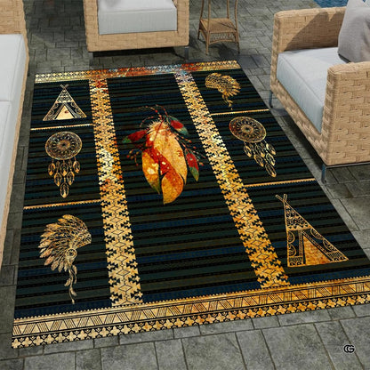 Native American area rugs with vibrant painted feather and Aztec border bands on dark stripes. - thumbnail image 1 of 7