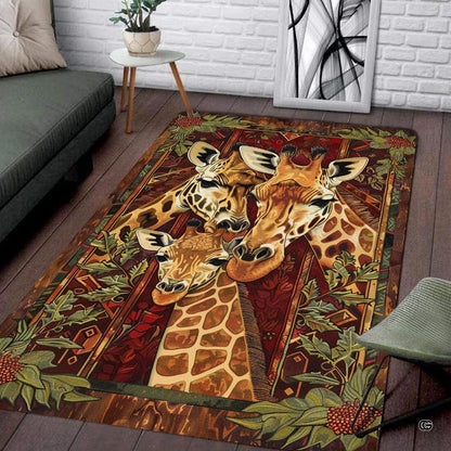 Modern living room setting displaying the autumn botanical giraffe family area rug - thumbnail image 2 of 7