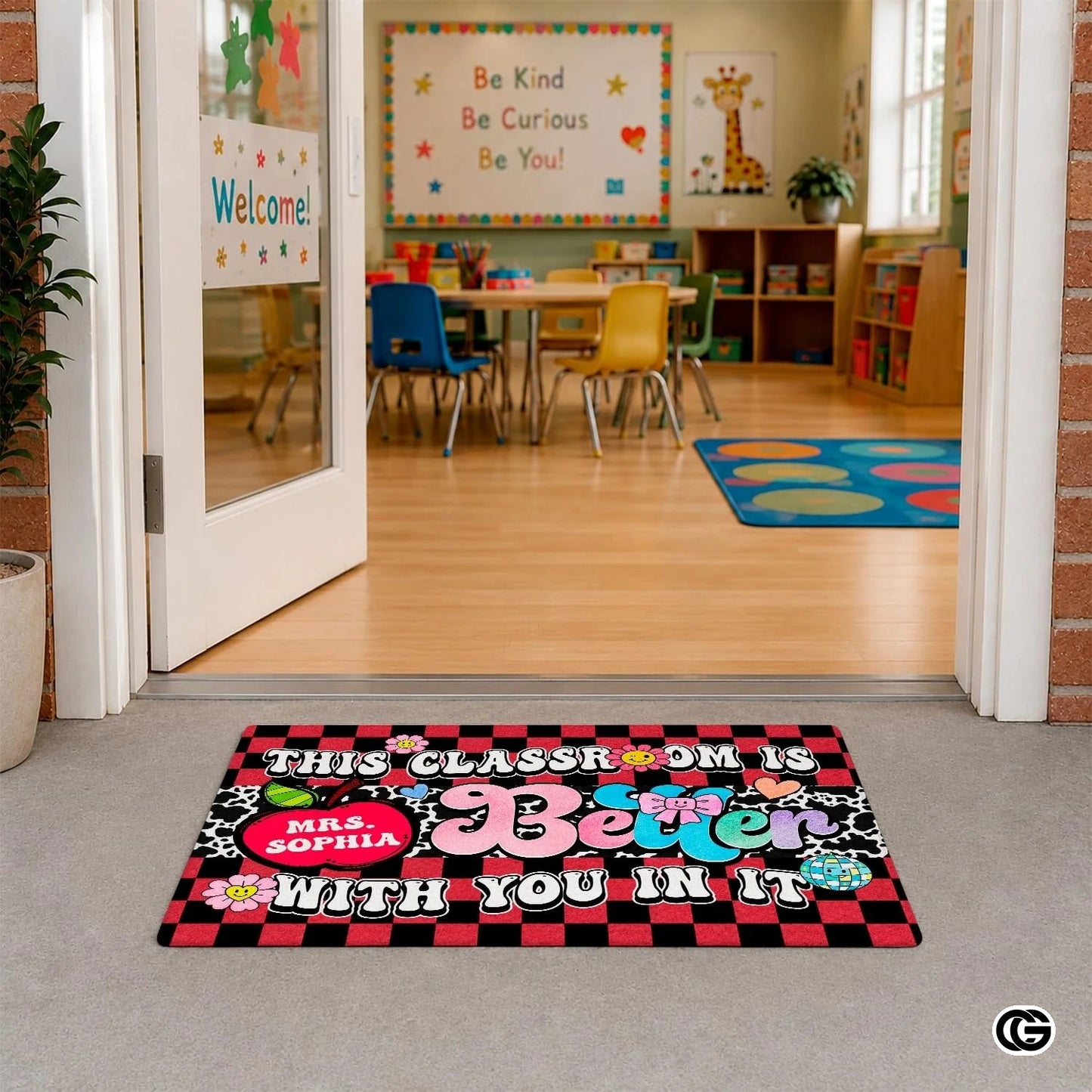 Personalized Welcome Doormat with Teacher Name and Notebook Pattern