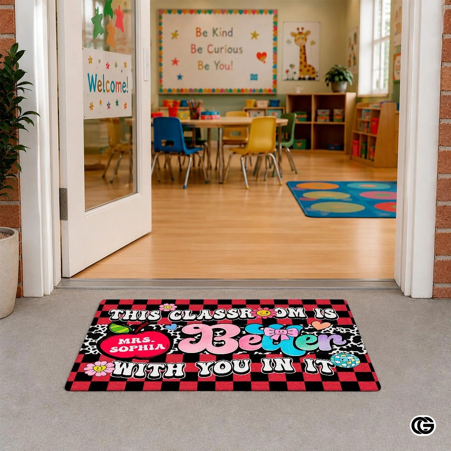 Personalized Welcome Doormat with Teacher Name and Notebook Pattern
