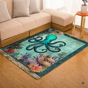 Overhead layout of the vintage nautical sea life area rug showing antique cartography script and ocean flora. - thumbnail image 4 of 7