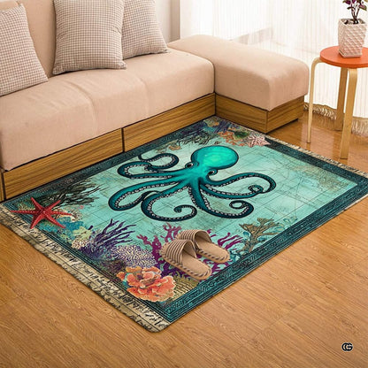 Overhead layout of the vintage nautical sea life area rug showing antique cartography script and ocean flora. - thumbnail image 4 of 7
