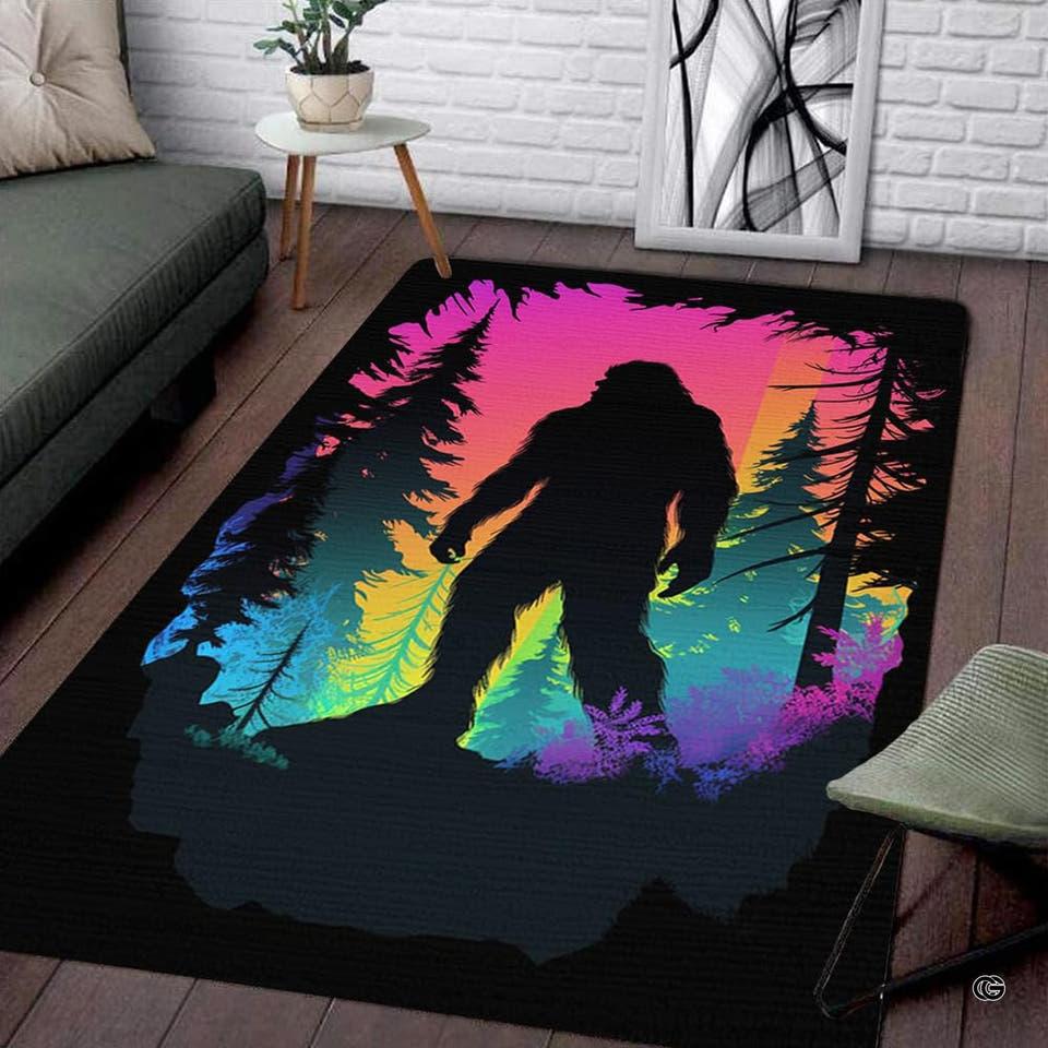 Neon Sasquatch pine forest woodland creature rug top-down view showing vibrant colorful illustration artwork.