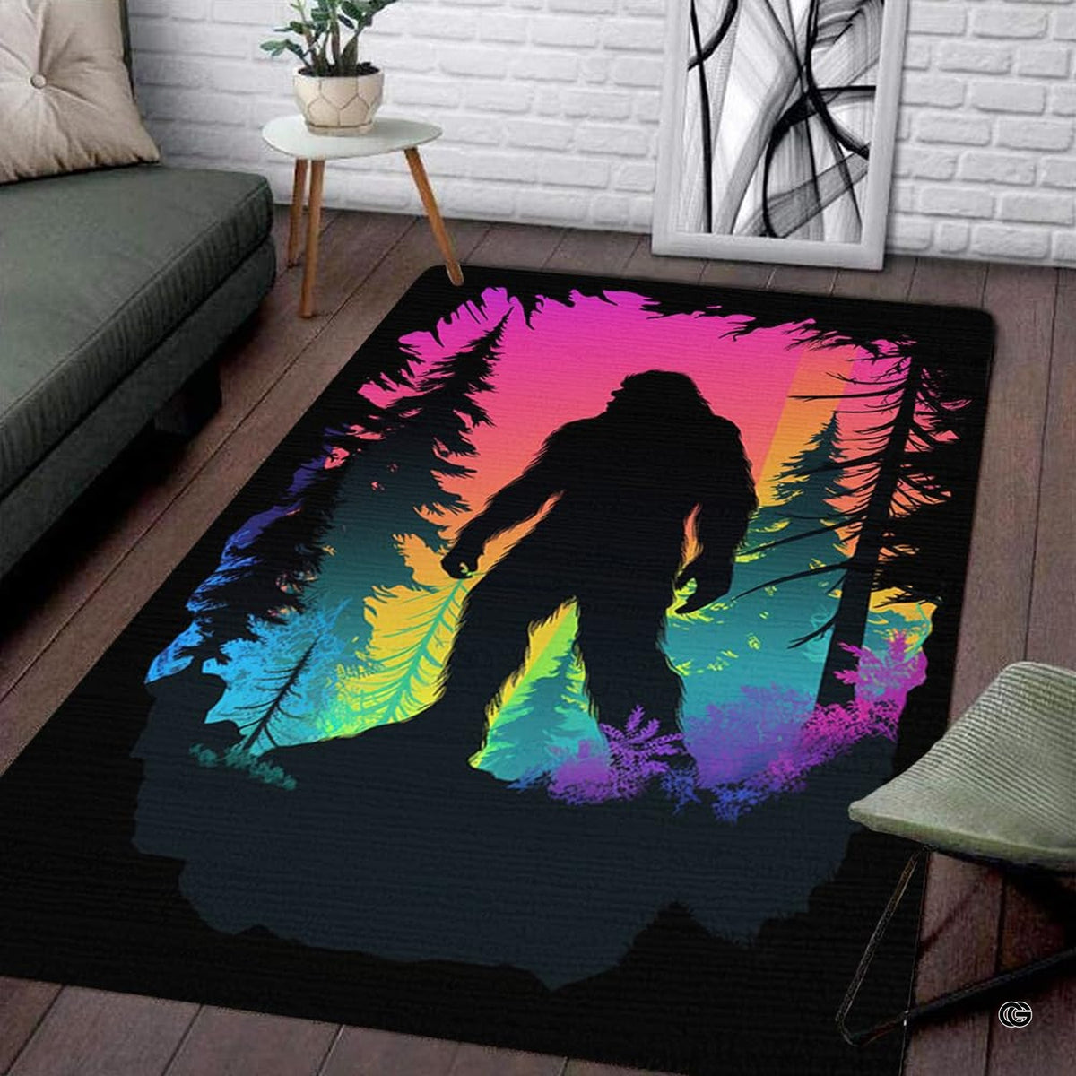 Neon Sasquatch pine forest woodland creature rug top-down view showing vibrant colorful illustration artwork.