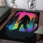 Neon Sasquatch pine forest woodland creature rug top-down view showing vibrant colorful illustration artwork. - thumbnail image 1 of 5