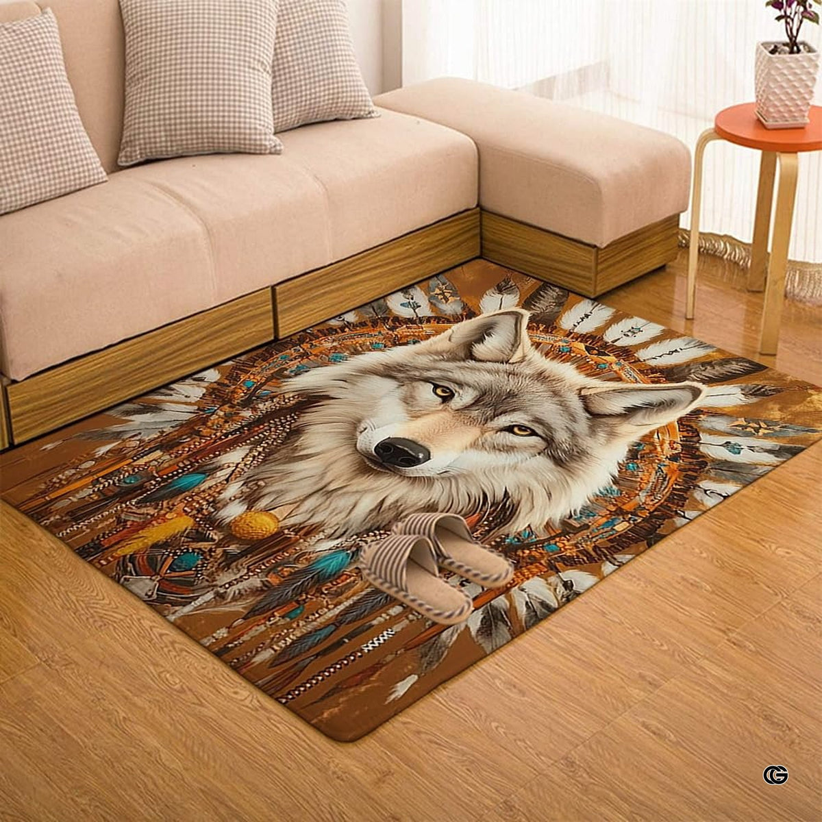 Overhead layout view of the rectangular native wolf chief feather headdress rustic rug - image 7 of 7