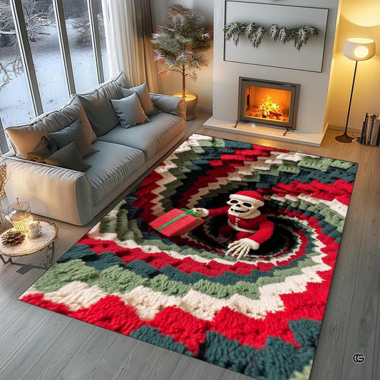 Skeleton Santa chevron spiral vortex rectangular area rug in top overhead perspective