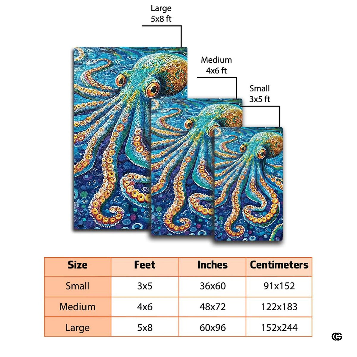 Artistic sea creature carpet featuring mosaic brushstrokes and expressive octopus eyes in an aquatic setting.