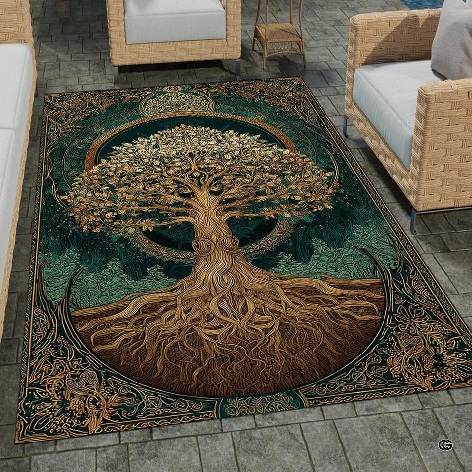 Celtic Tree of Life Area Rug featuring emerald backdrop and golden knotwork.