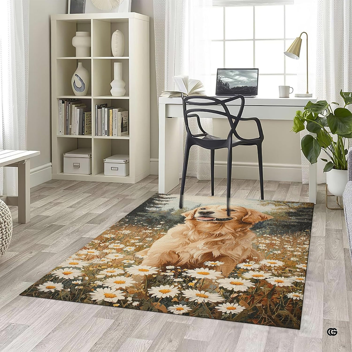 Home office desk setup with swivel chair placed over the golden retriever daisy meadow area rug - image 5 of 5