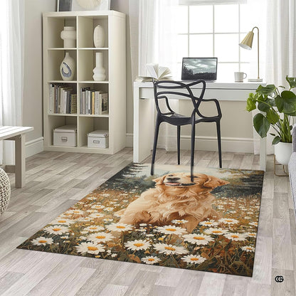 Home office desk setup with swivel chair placed over the golden retriever daisy meadow area rug - thumbnail image 5 of 5