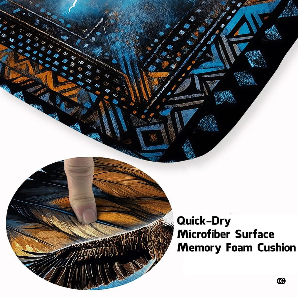 Angle view of eagle tribal animal rug displaying intricate navy and orange border patterns. - image 3 of 7