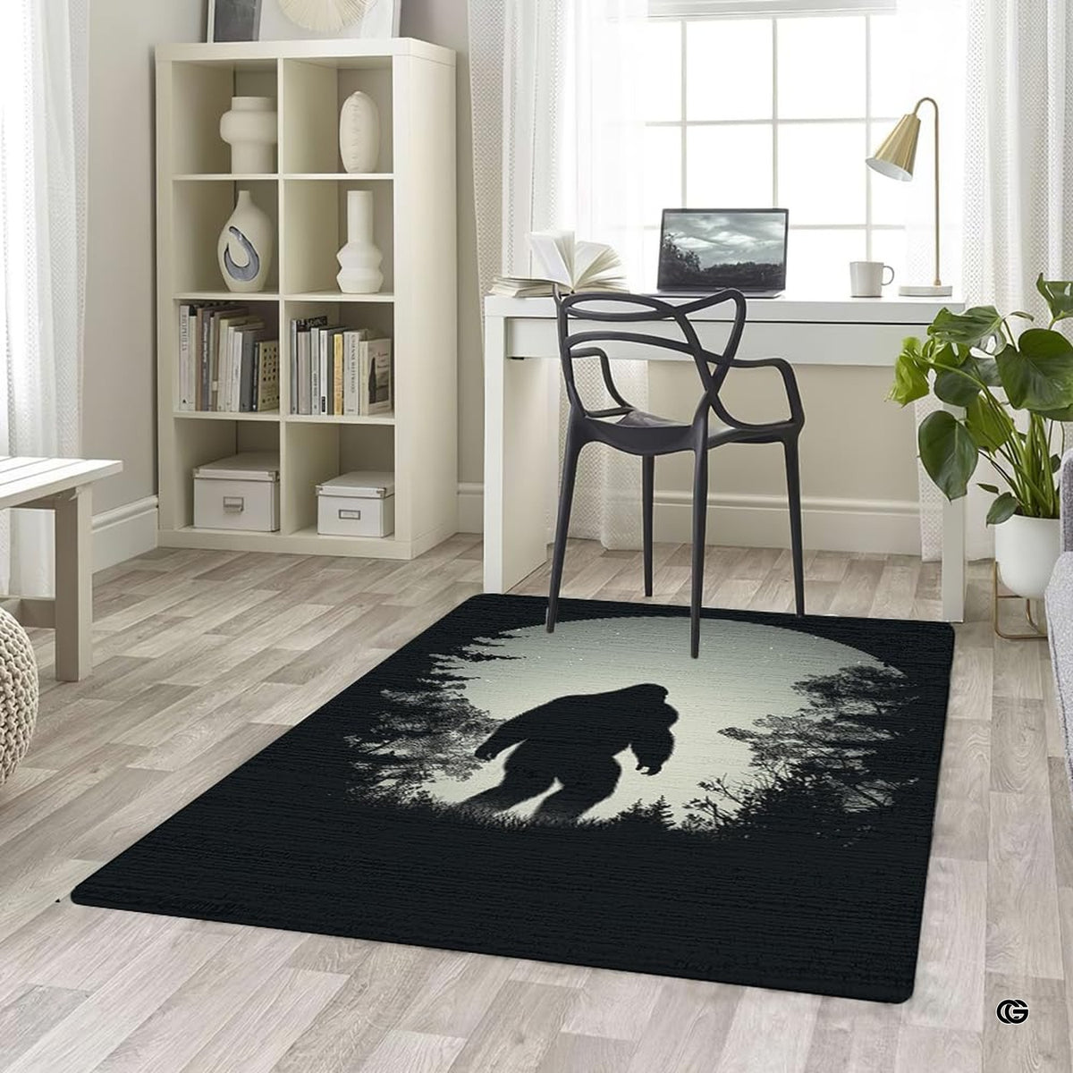Lifestyle living room scene featuring family lounging on Bigfoot area rug.