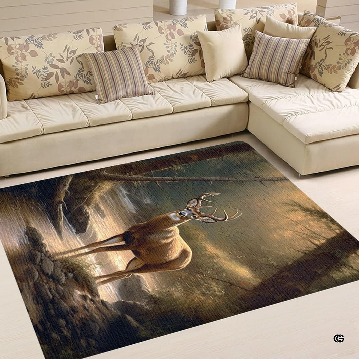 Detail of branching antlers, golden sunbeams, and evergreen foliage on a woodland classroom floor mat.