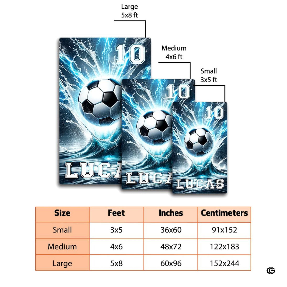 Dimension comparison chart displaying multiple size formats for this soccer splash area rug.