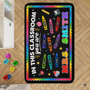 Personalized Teacher Classroom Rug, Custom Back to School Welcome Mat with Name, Kindergarten Preschool Elementary Decor, Composition Notebook Carpet (A01)