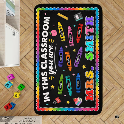 Personalized Teacher Classroom Rug, Custom Back to School Welcome Mat with Name, Kindergarten Preschool Elementary Decor, Composition Notebook Carpet (A01)