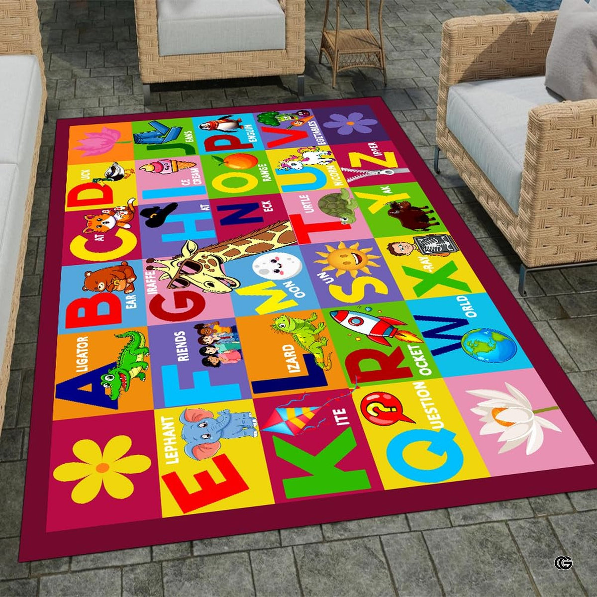 Corner angle highlight of alphabet preschool rug featuring crisp border trim and purple letter tiles. - image 8 of 9