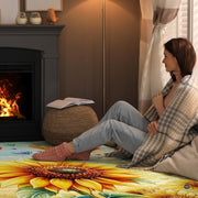 Full top-down artistic presentation of vibrant golden sunflower floor rug with decorative heart elements. - thumbnail image 8 of 8