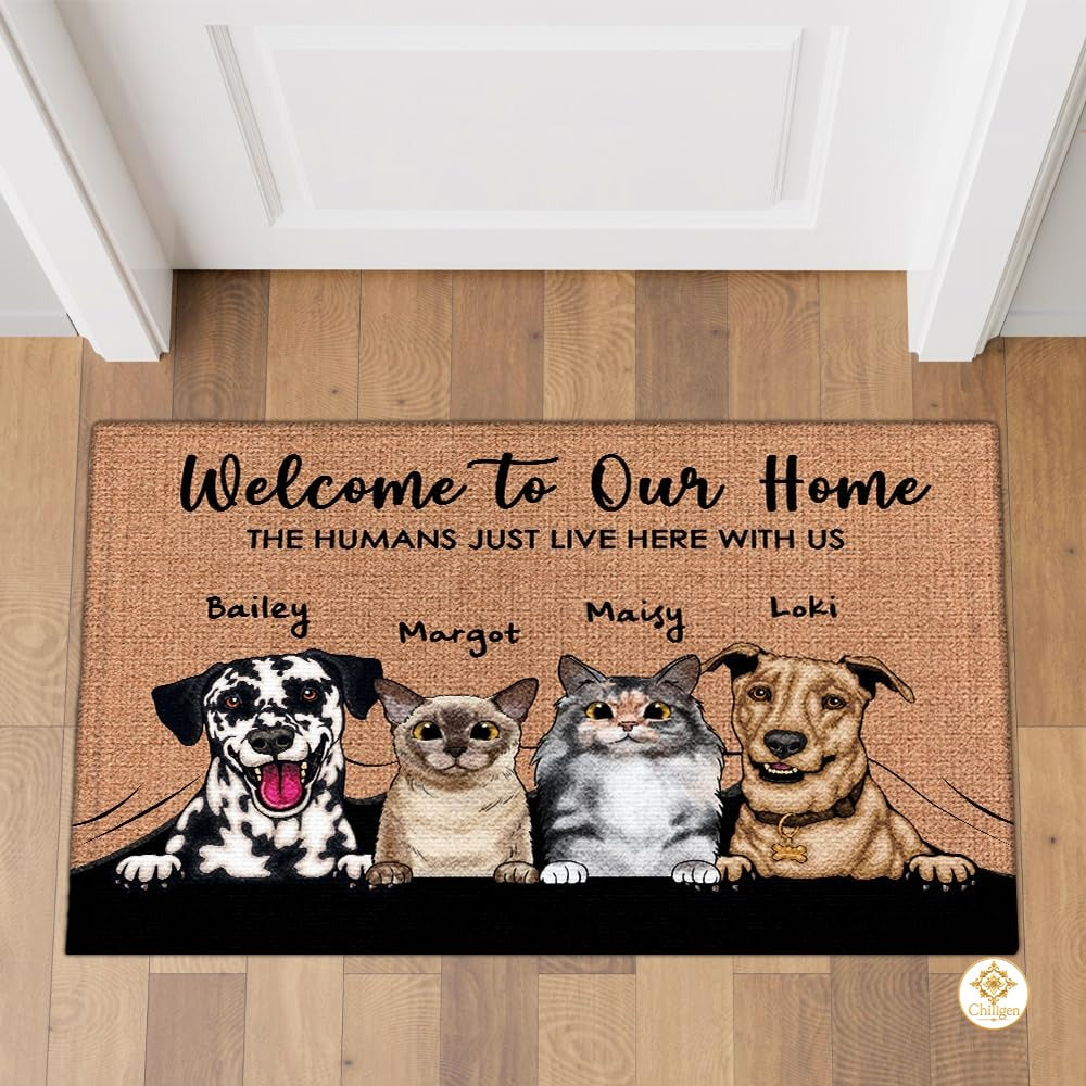 Personalized Dog Welcome Doormat for Front Door and Entryway - 4 Pets