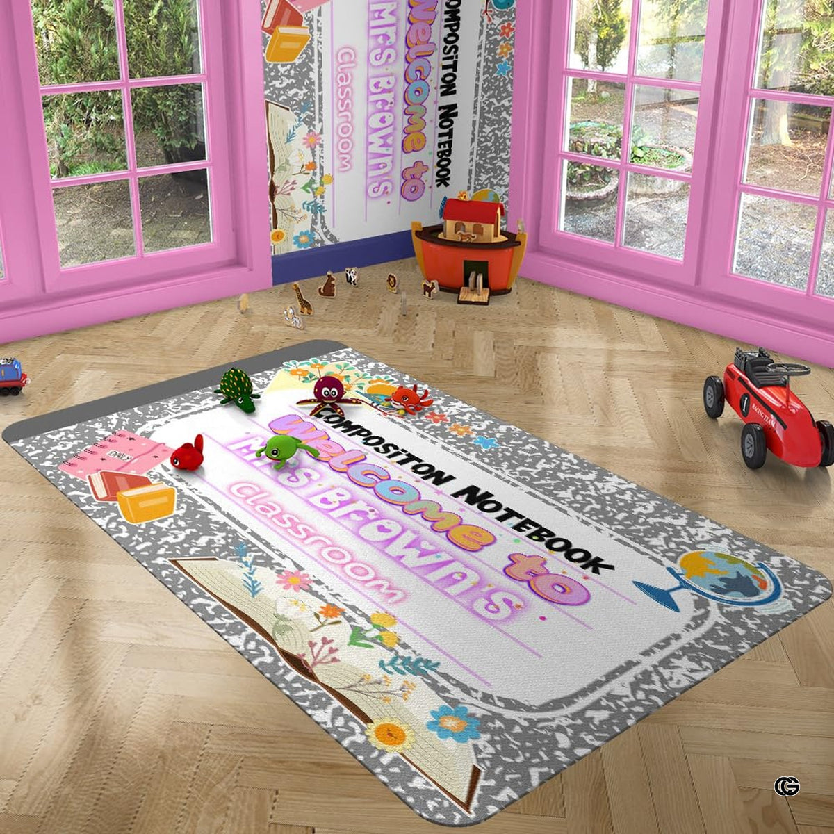Sunlit study room setting with the grey notebook rug centered on hardwood floor