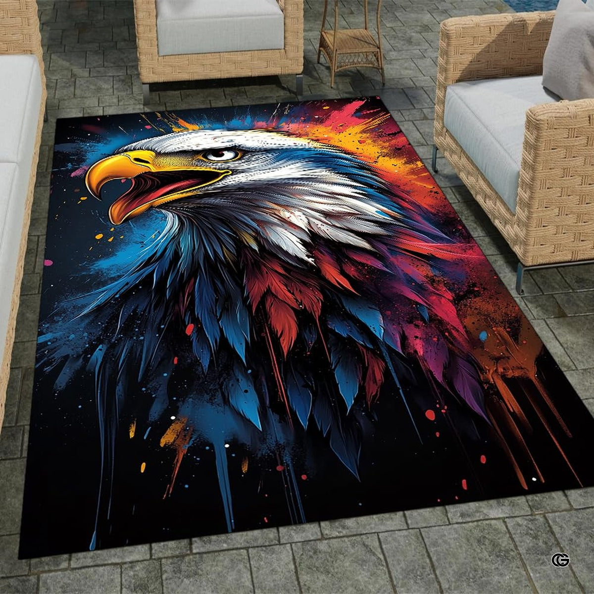 Bald eagle area rug placed alongside living room couch and accent furniture.
