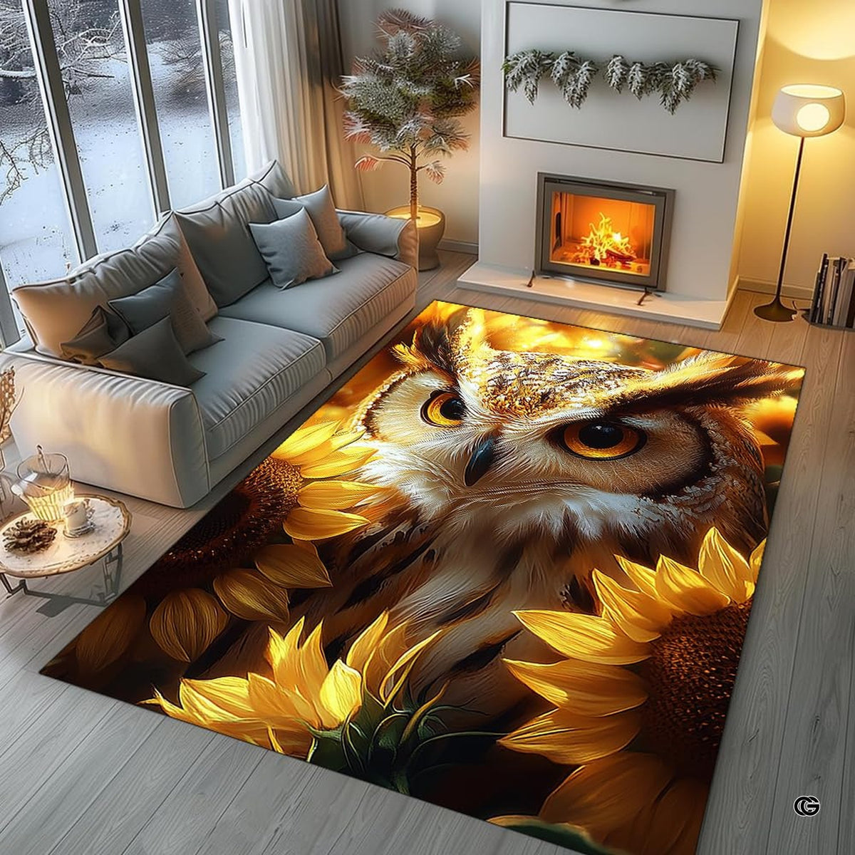 Corner view showing rich golden yellow sunflower details on the area rug. - image 7 of 8