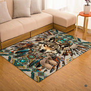 Overhead layout view of the rectangular native wolf headdress turquoise tribal area rug - thumbnail image 7 of 7