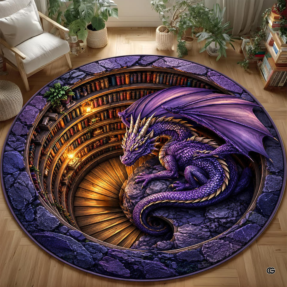 Round purple dragon rug beside a spiral library staircase