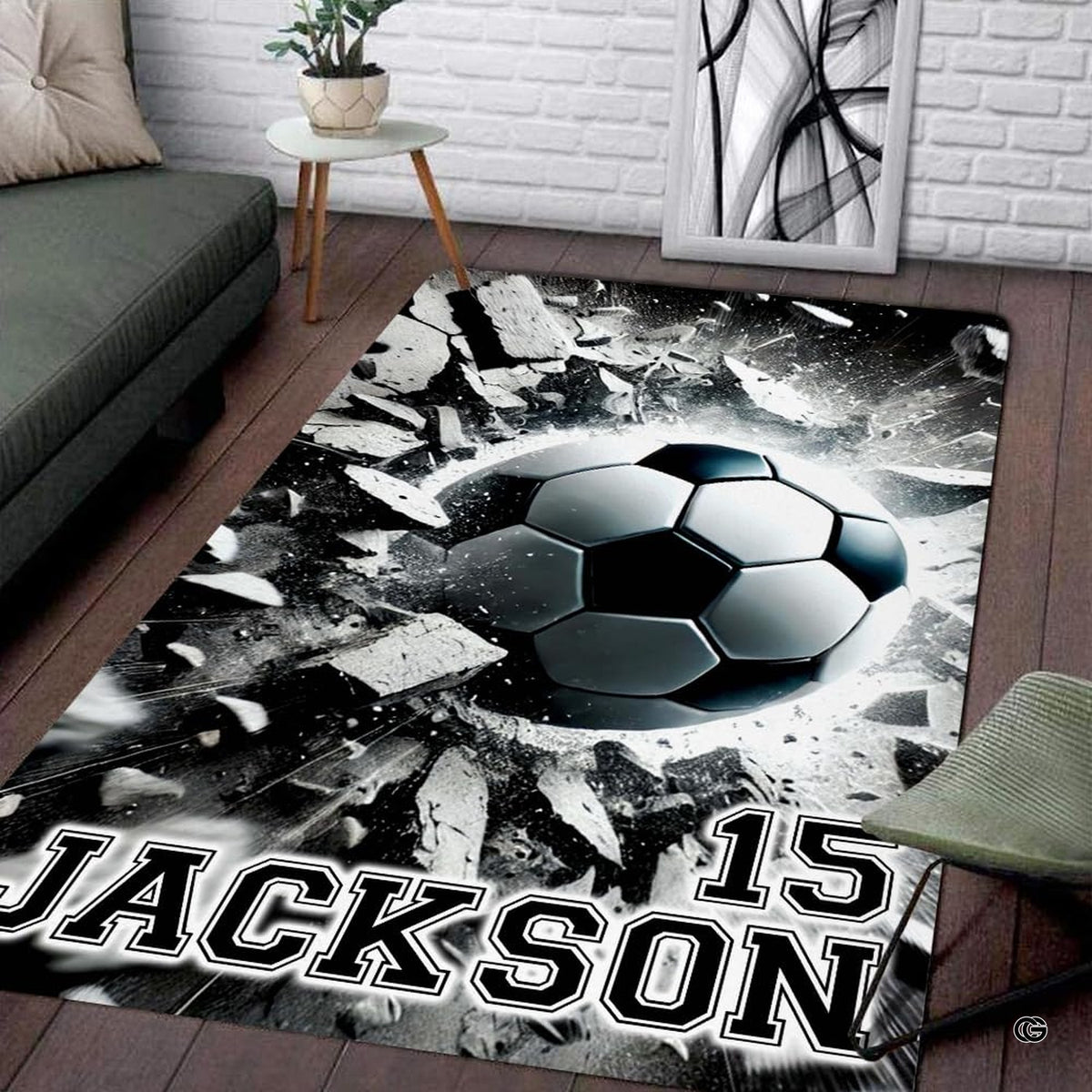 Soccer concrete smash sports area rug placed in contemporary bedroom interior
