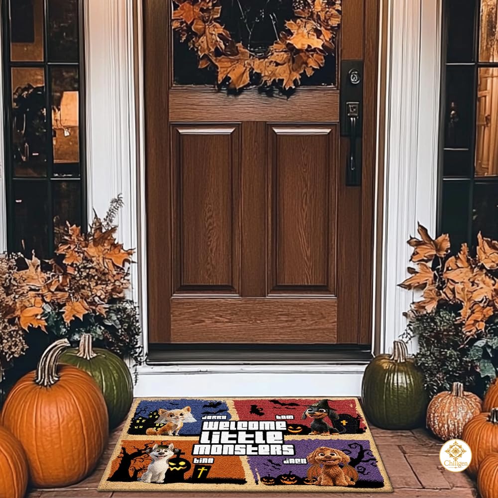 Custom Halloween Dog Doormat with Pumpkin and Bats - Style #1