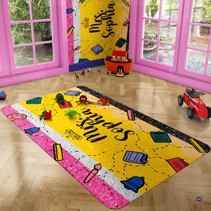 Closeup view of the soft microfiber surface and colorful school supplies illustrations - thumbnail image 3 of 8