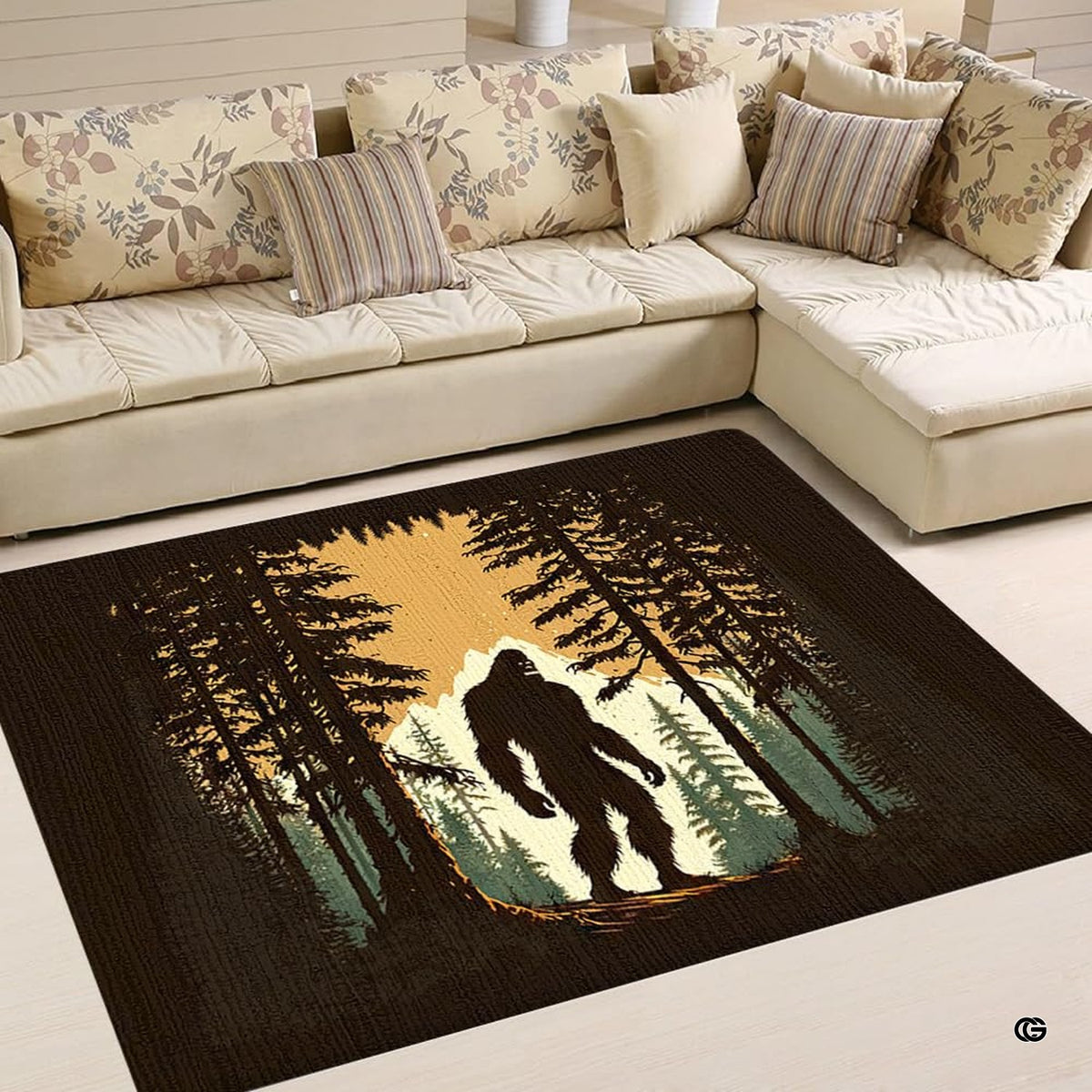 Cozy living room corner with patterned cushions showcasing bigfoot sasquatch pine woods area rug