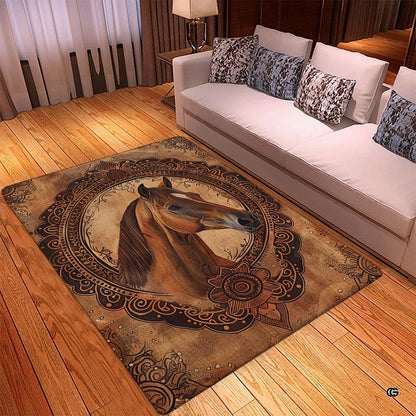 Close up texture detail showing soft pile surface and stitching of horse area rug. - thumbnail image 3 of 5