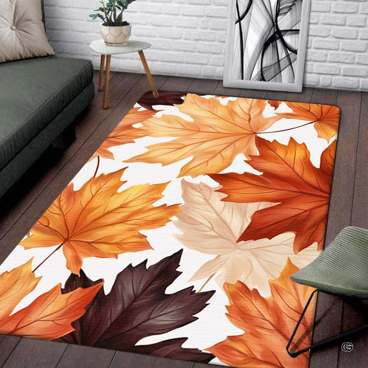 Modern living room sofa setting displaying the autumn maple leaves foliage area rug - image 1 of 7