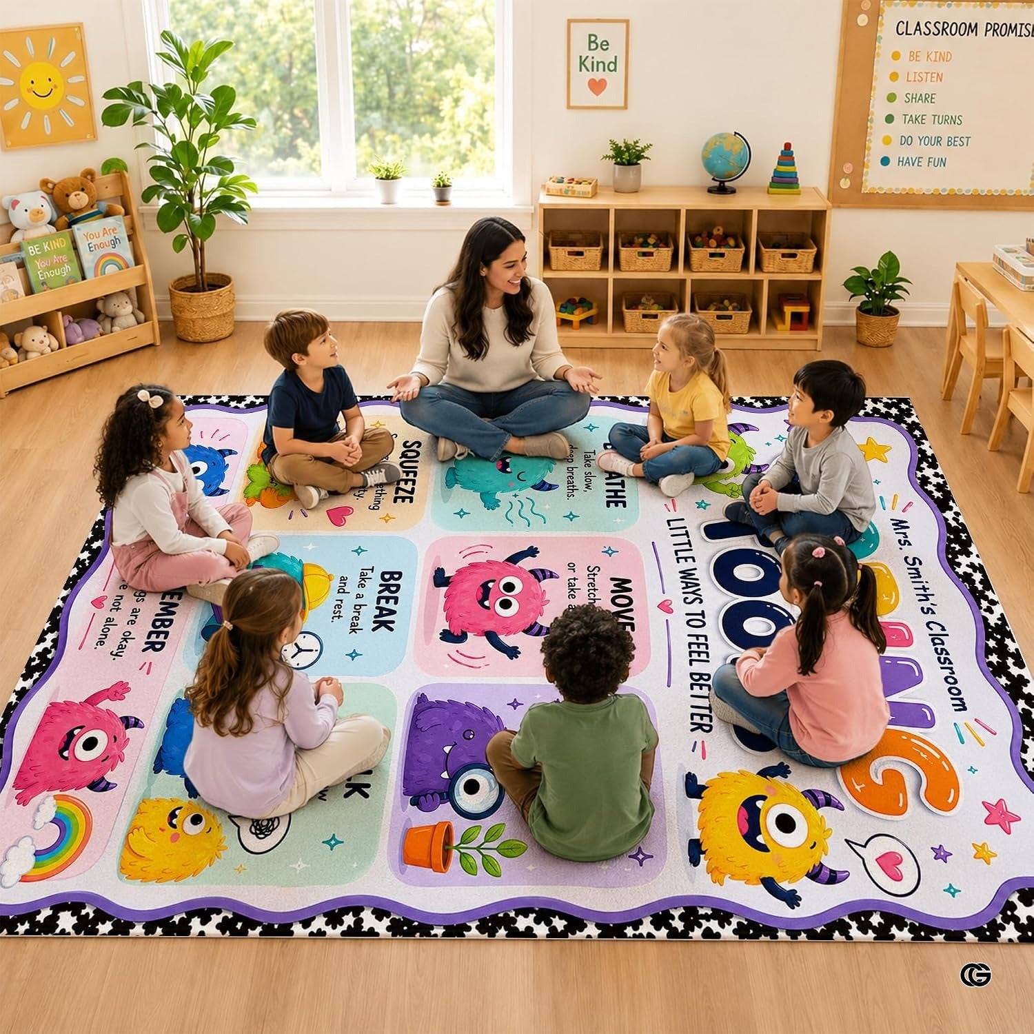 Personalized Teachers Classroom Rug, Custom Teacher Name Classroom Rules Area Rug, Feeling Chart Calming Corner Mat, Kindergarten Educational Back to School Class Decor (D3)