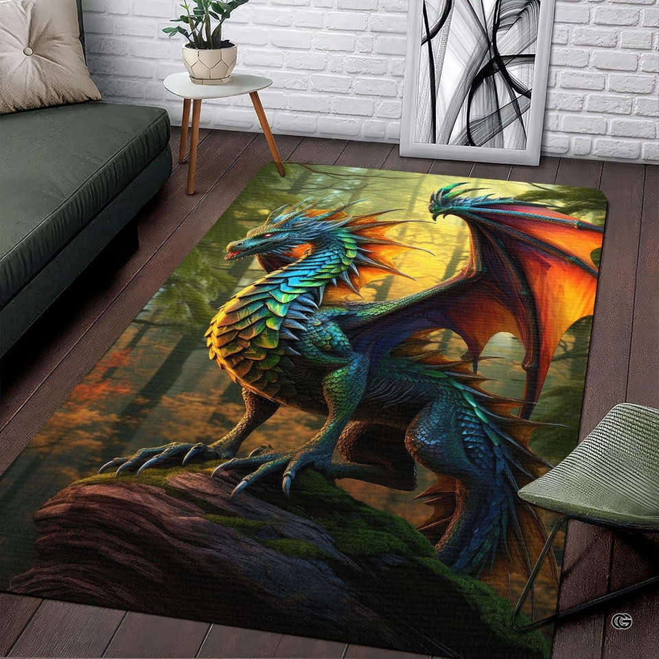 Vibrant winged dragon area rug with teal scales centered in a mythical living room setting.