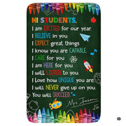 Overhead view of chalkboard style rug showcasing red apple, globe outline, and rocket sketches. - thumbnail image 2 of 7
