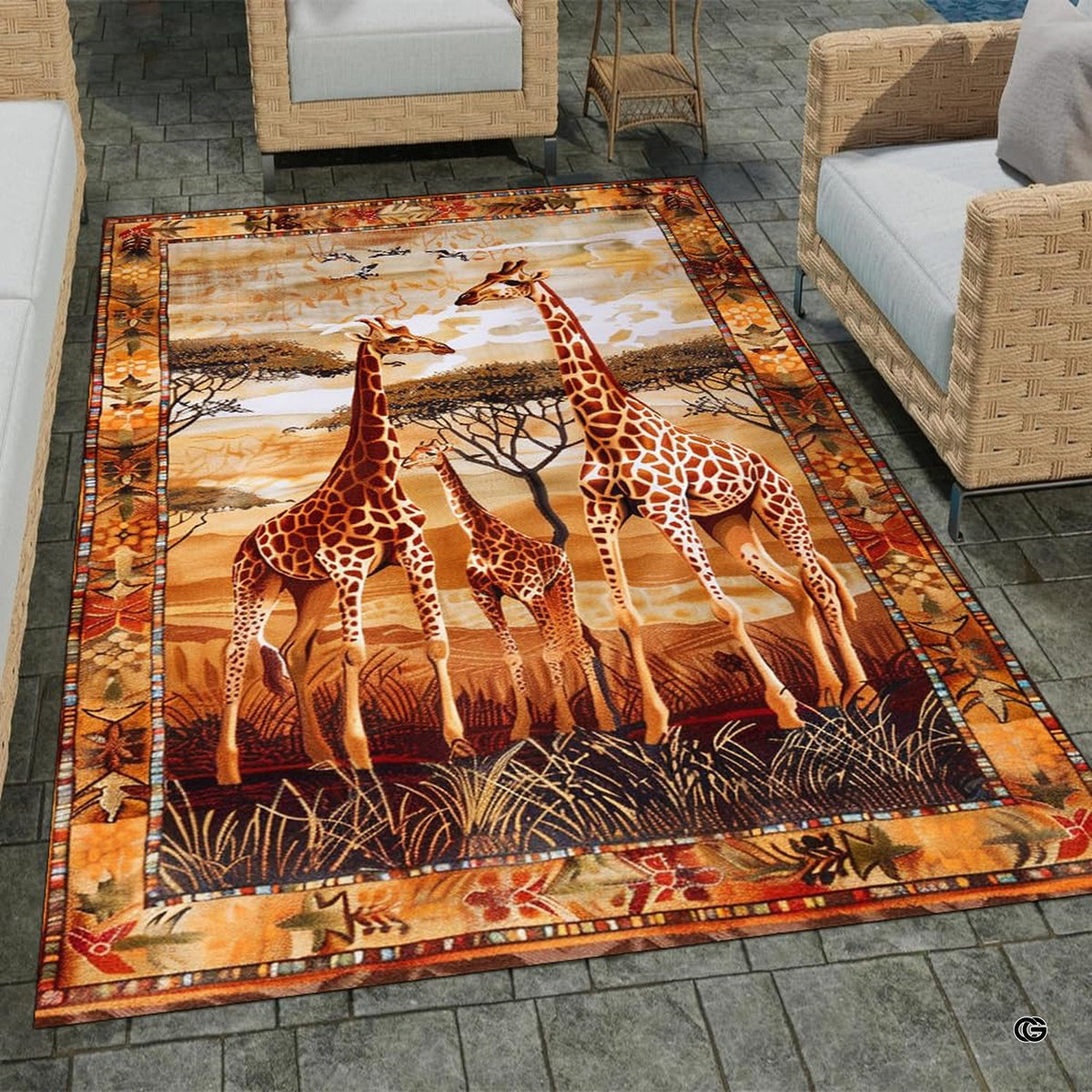 Patio stone lounge with wicker seating displaying the African savanna giraffes area rug - image 1 of 7