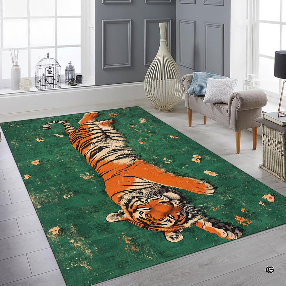 Overhead flat view of the rectangular resting tiger green meadow area rug