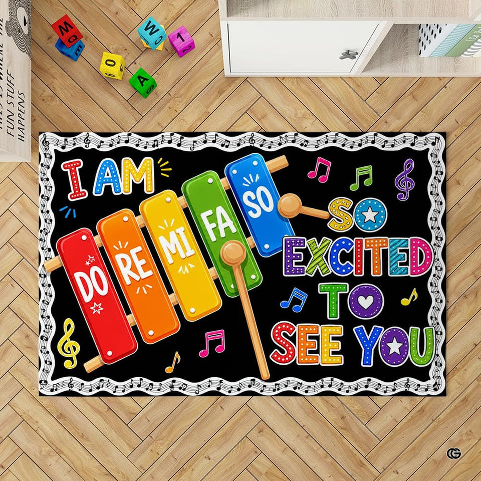 Close up visual of vibrant rainbow xylophone keys, mallets, and musical notes illustration.