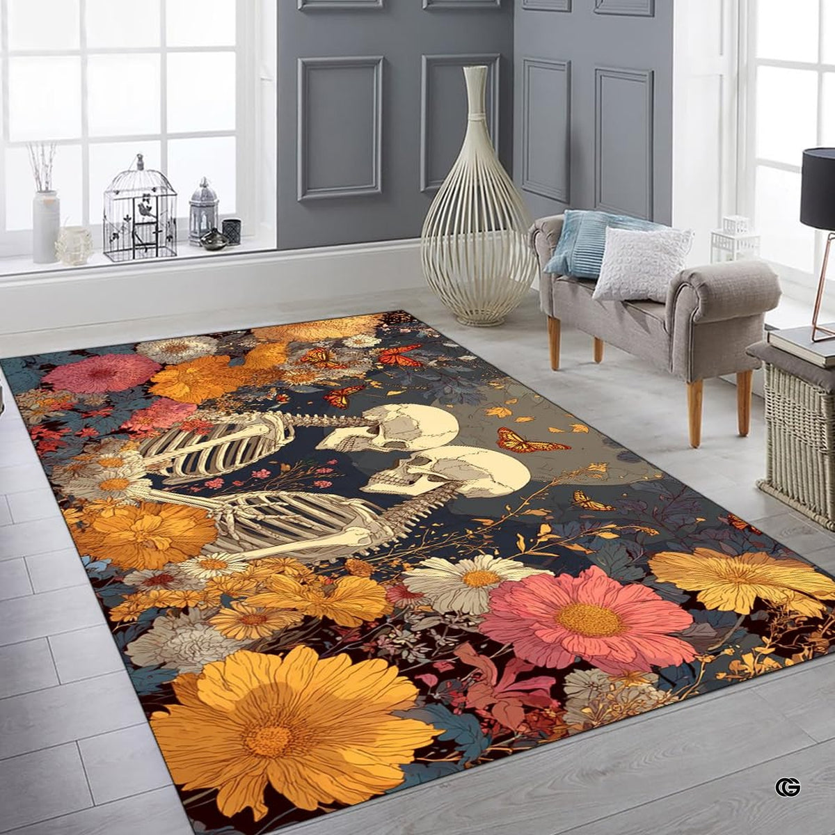 Sunlit living space mockup showcasing the skeleton lovers area rug laid flat between furniture