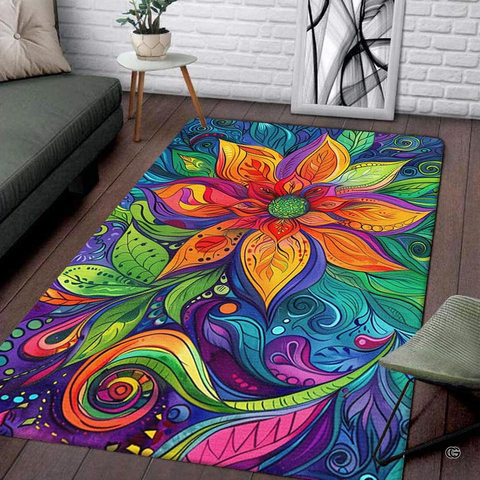 Psychedelic paisley flower boho living room area rug with layered colorful blooming flower and swirls