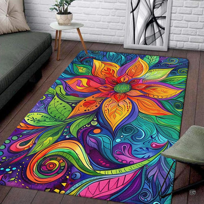 Psychedelic paisley flower boho living room area rug with layered colorful blooming flower and swirls - thumbnail image 1 of 5