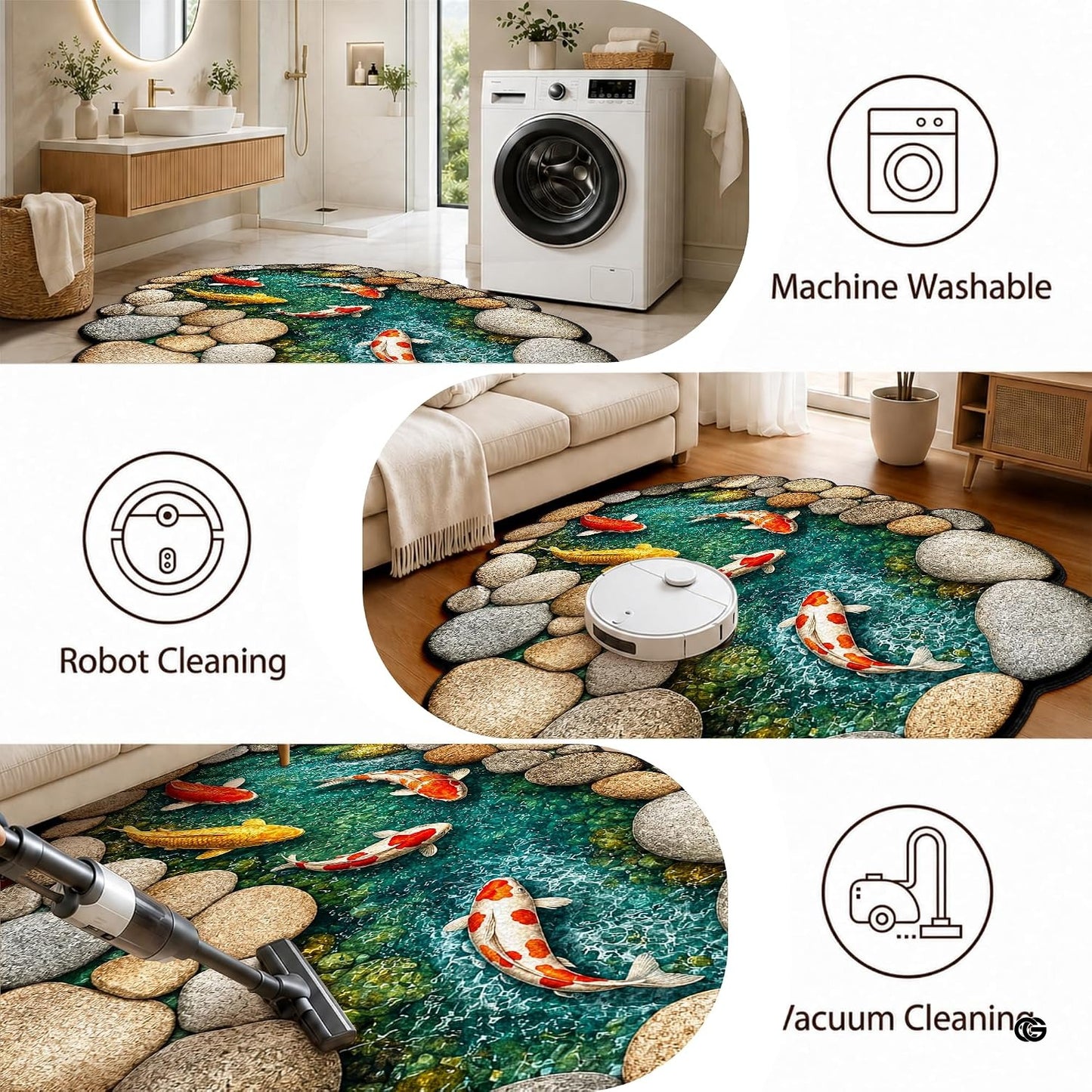 Custom Japanese Koi Fish Shaped Area Rug, Personalized 3D Optical Illusion Koi Pond Lotus Non Slip Washable Shaped Floor Mat, Fish Pond Rugs for Bedroom Living Room Decor (1, D4)