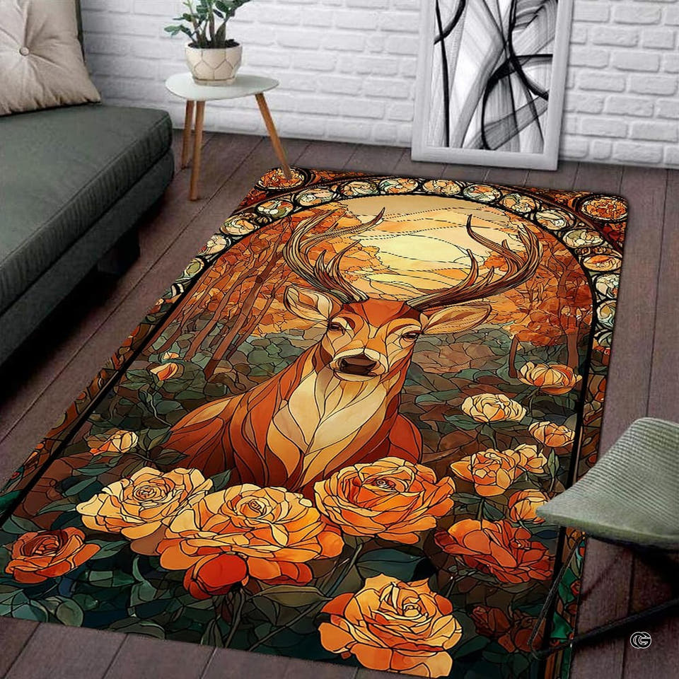 Stained glass stag area rug with antler motif and rose florals.
