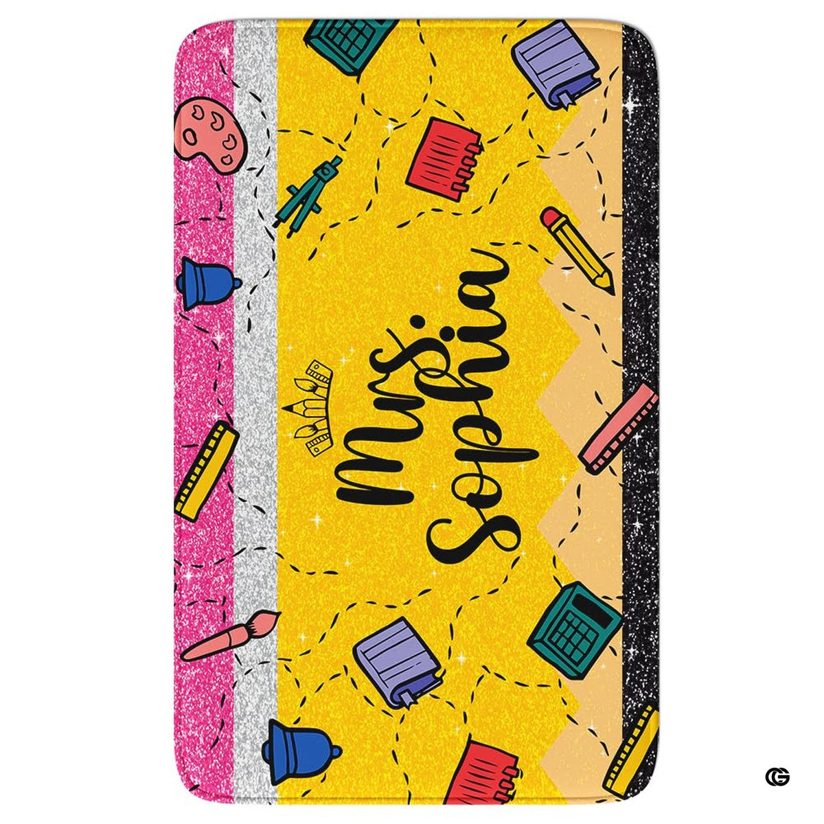 Overhead floor layout view of the yellow pencil classroom teacher school supplies area rug